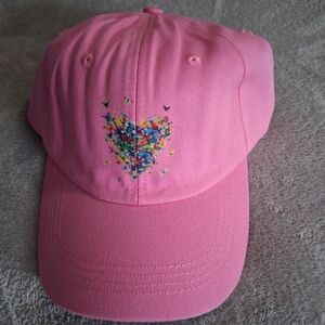 Pink women's Cap with floral Heart Design OS cotton sliding strap back NEW
